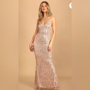 LARGE Endless Festivities Rose Gold Sequin Fringe Lace-Up Maxi Dress from Lulus
